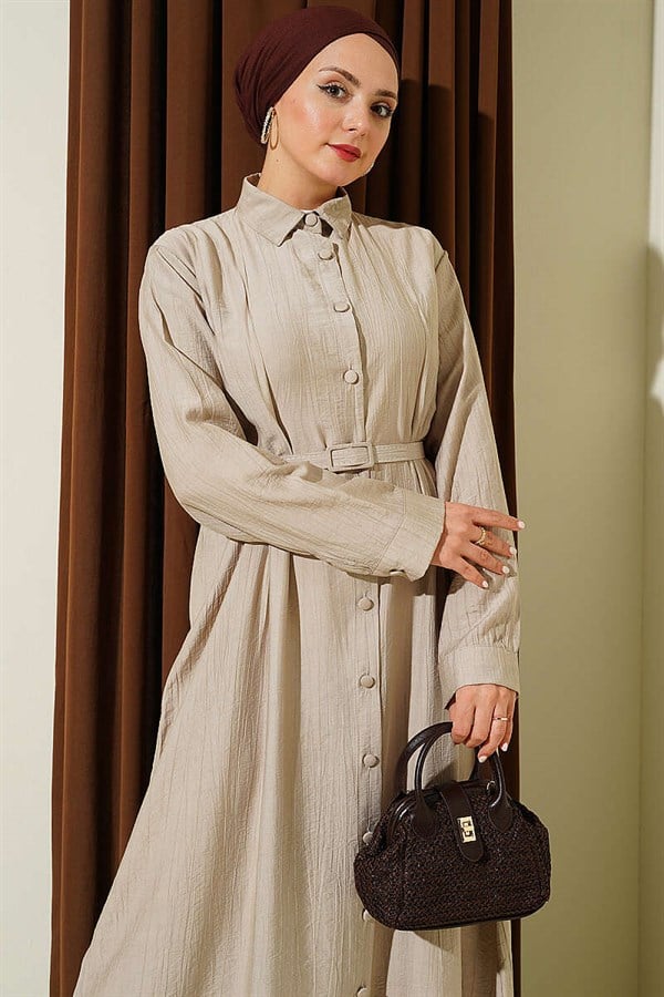 Full-length button-down dress with darts and belt, beige.