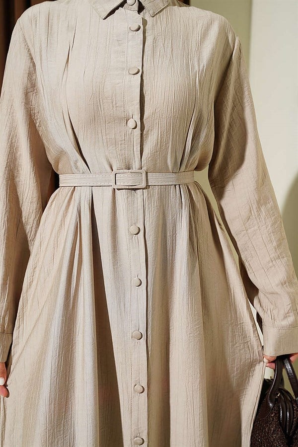 Full-length button-down dress with darts and belt, beige.