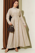 Full-length button-down dress with darts and belt, beige.