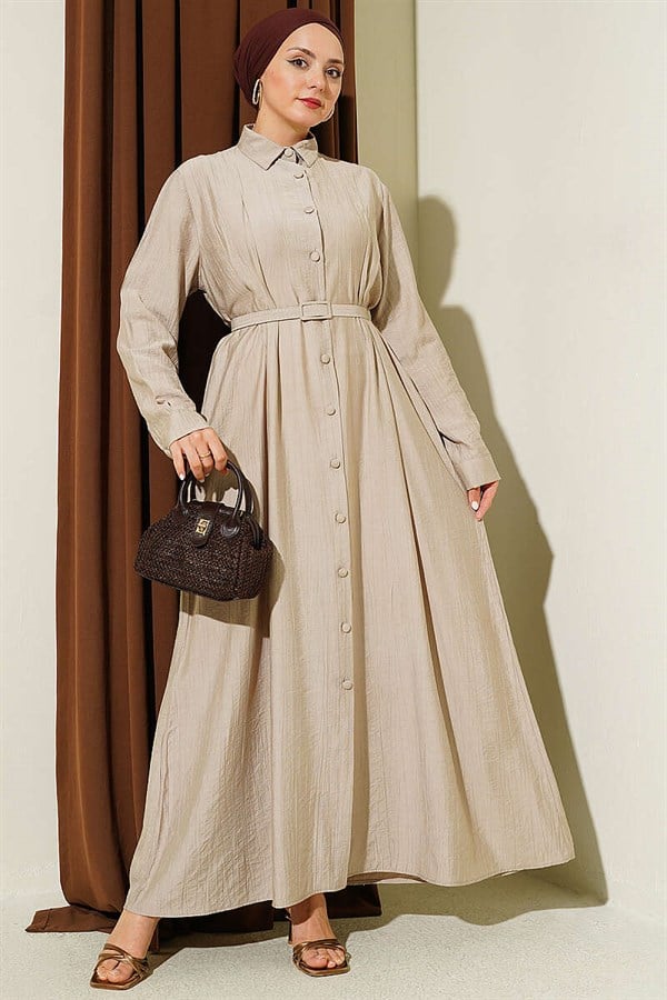 Full-length button-down dress with darts and belt, beige.