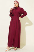 Full-Length Buttoned Dress with Darts and Belt, Burgundy