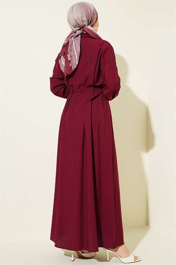 Full-Length Buttoned Dress with Darts and Belt, Burgundy
