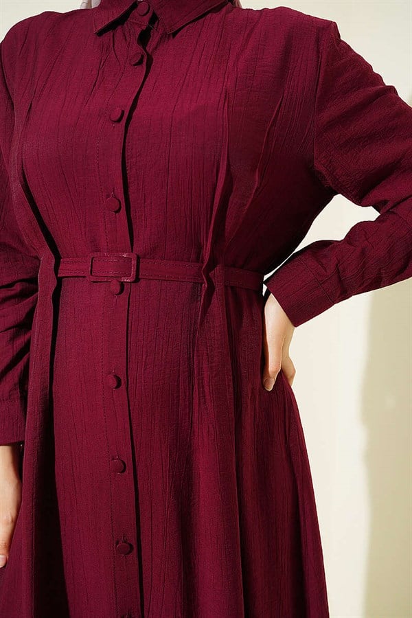 Full-Length Buttoned Dress with Darts and Belt, Burgundy