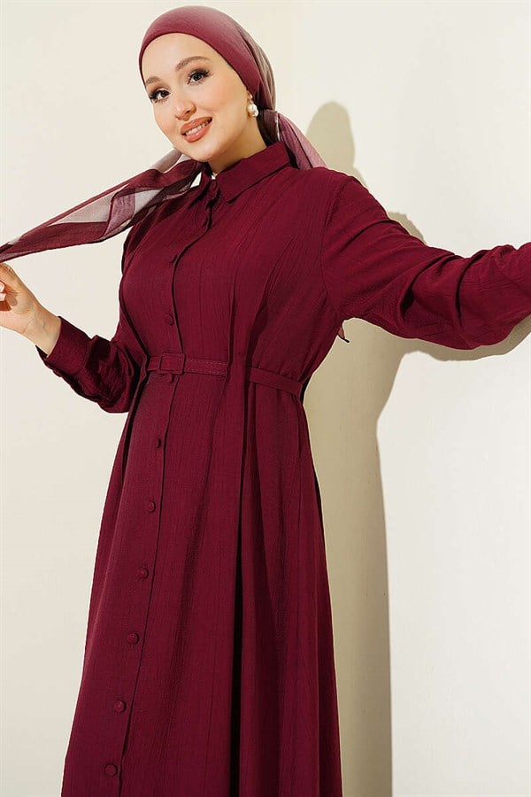 Full-Length Buttoned Dress with Darts and Belt, Burgundy