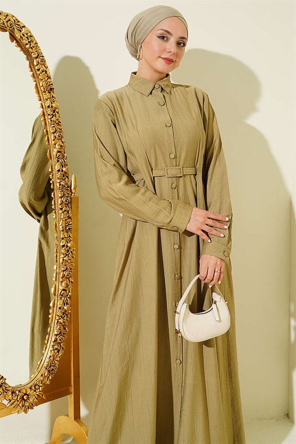 Full-length button-down dress with darts and belt, mint green.