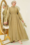 Full-length button-down dress with darts and belt, mint green.