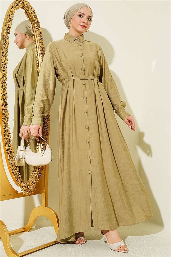 Full-length button-down dress with darts and belt, mint green.