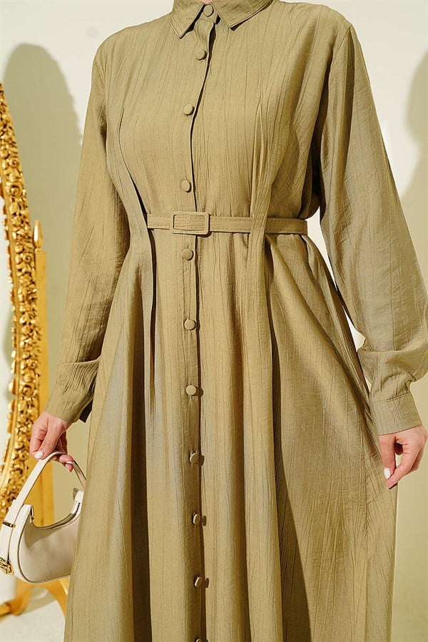 Full-length button-down dress with darts and belt, mint green.