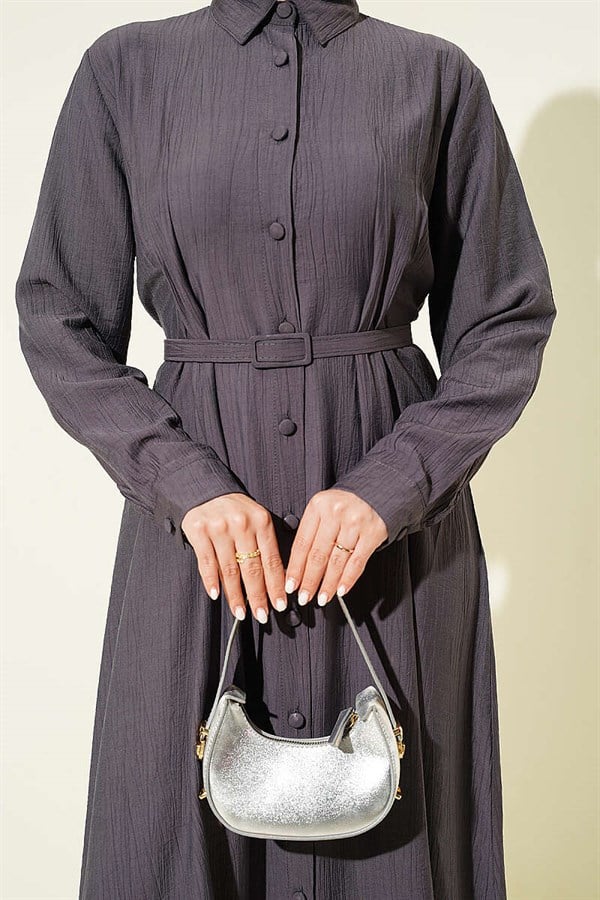 Full-Length Buttoned Dress with Darts and Belt, Smoke Grey
