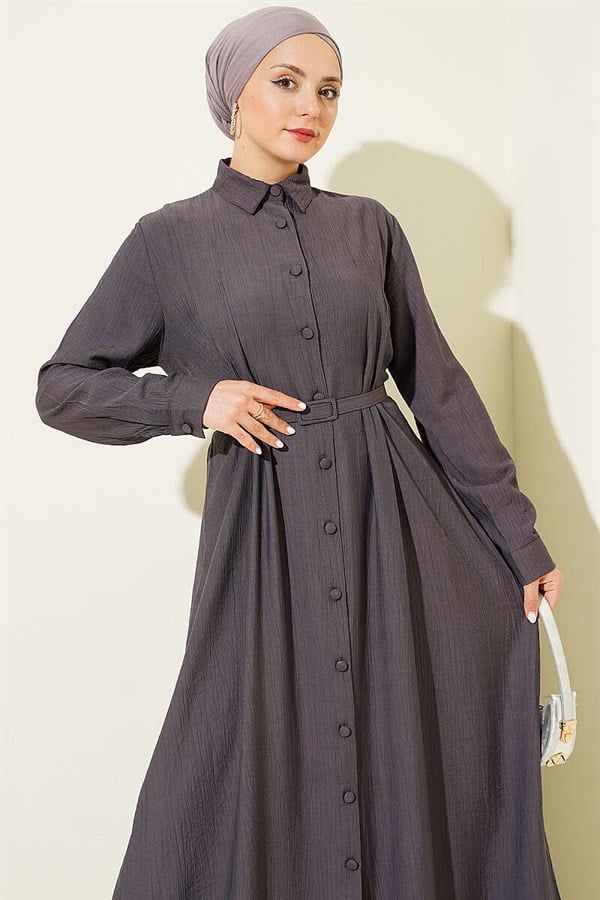 Full-Length Buttoned Dress with Darts and Belt, Smoke Grey