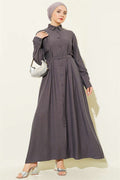 Full-Length Buttoned Dress with Darts and Belt, Smoke Grey