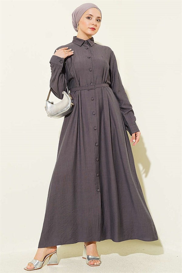 Full-Length Buttoned Dress with Darts and Belt, Smoke Grey