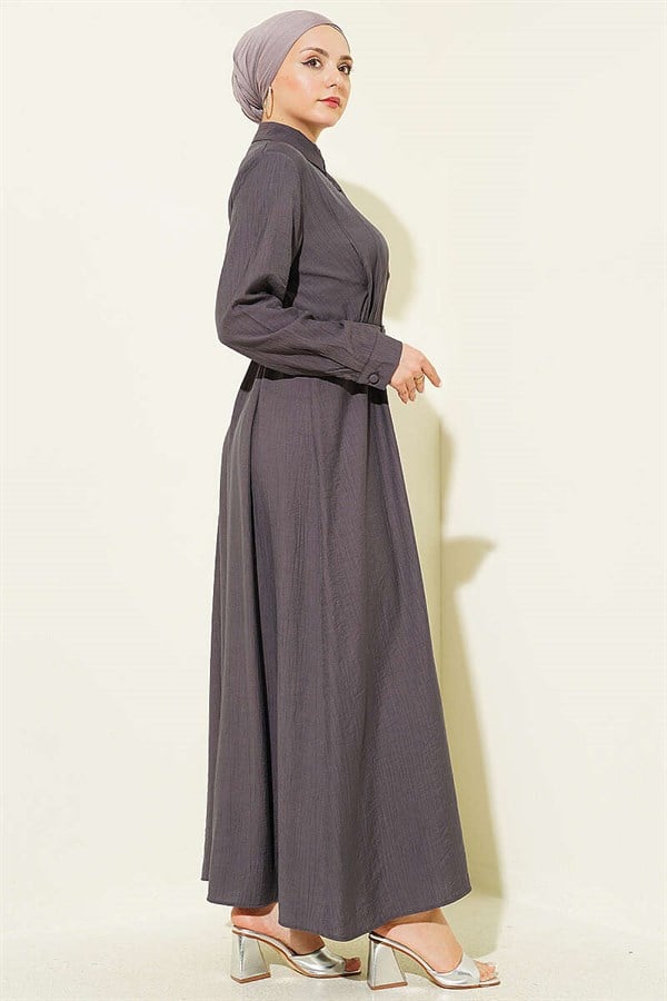 Full-Length Buttoned Dress with Darts and Belt, Smoke Grey