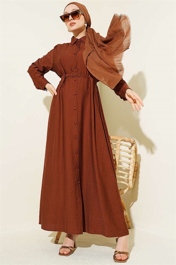 Full-Length Buttoned, Darted, Belted Dress in Brown