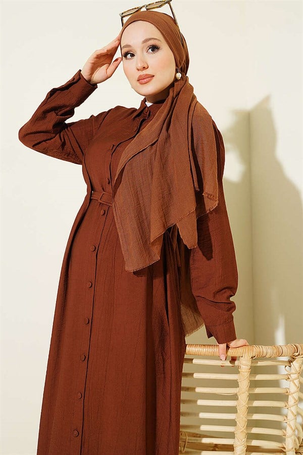 Full-Length Buttoned, Darted, Belted Dress in Brown