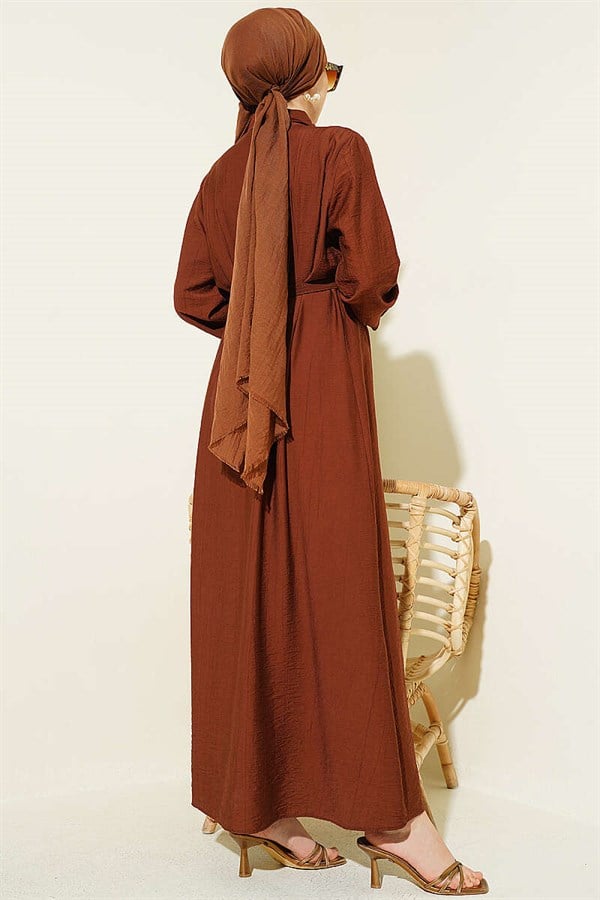 Full-Length Buttoned, Darted, Belted Dress in Brown