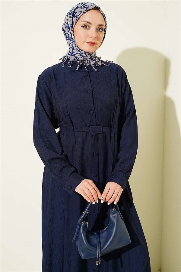 Full-length button-down dress with darts and belt, navy blue.