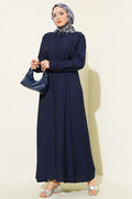 Full-length button-down dress with darts and belt, navy blue.