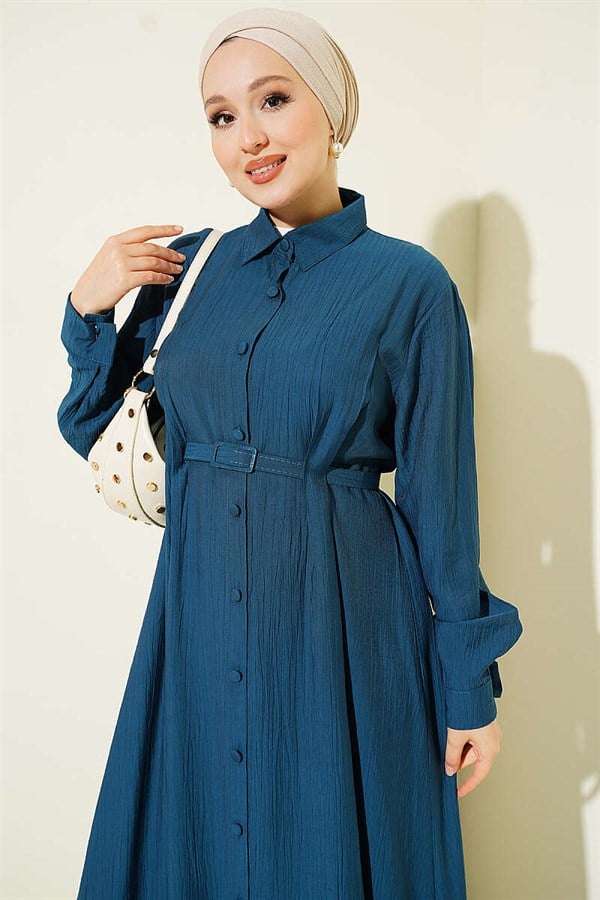 Full-Length Buttoned Dart Dress with Belt in Petrol