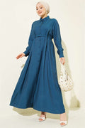 Full-Length Buttoned Dart Dress with Belt in Petrol