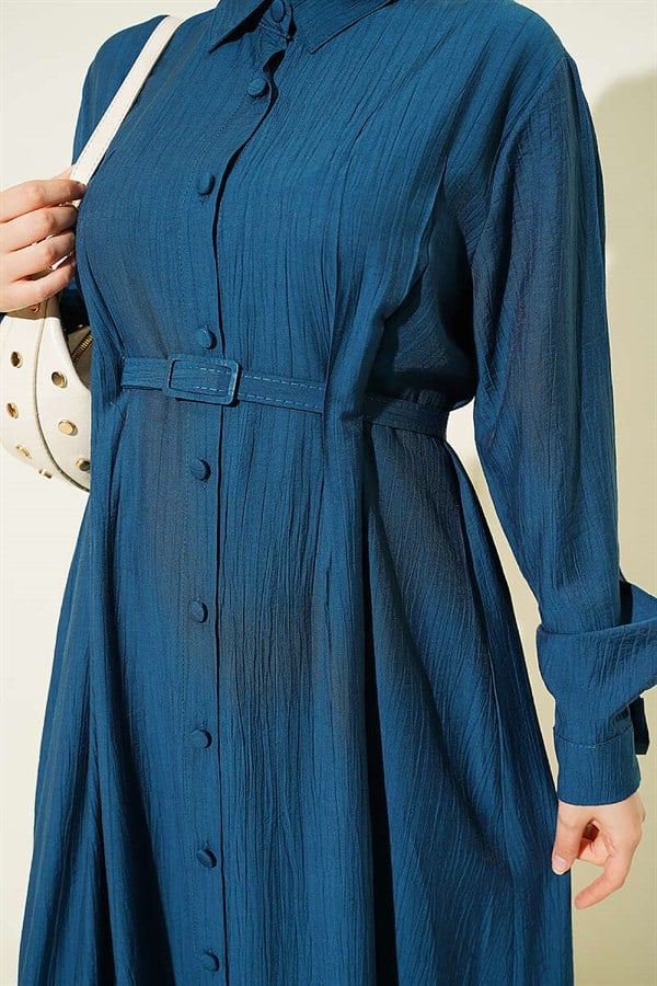 Full-Length Buttoned Dart Dress with Belt in Petrol