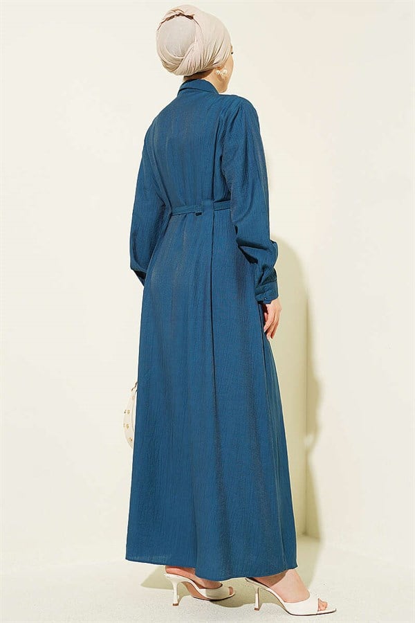 Full-Length Buttoned Dart Dress with Belt in Petrol