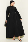 Full-Length Buttoned Dress with Darts and Belt, Black