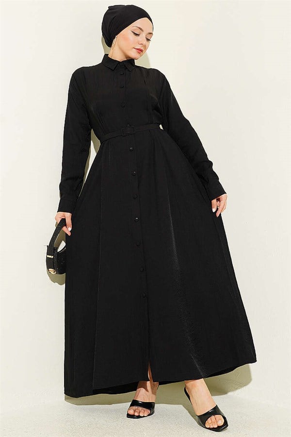 Full-Length Buttoned Dress with Darts and Belt, Black