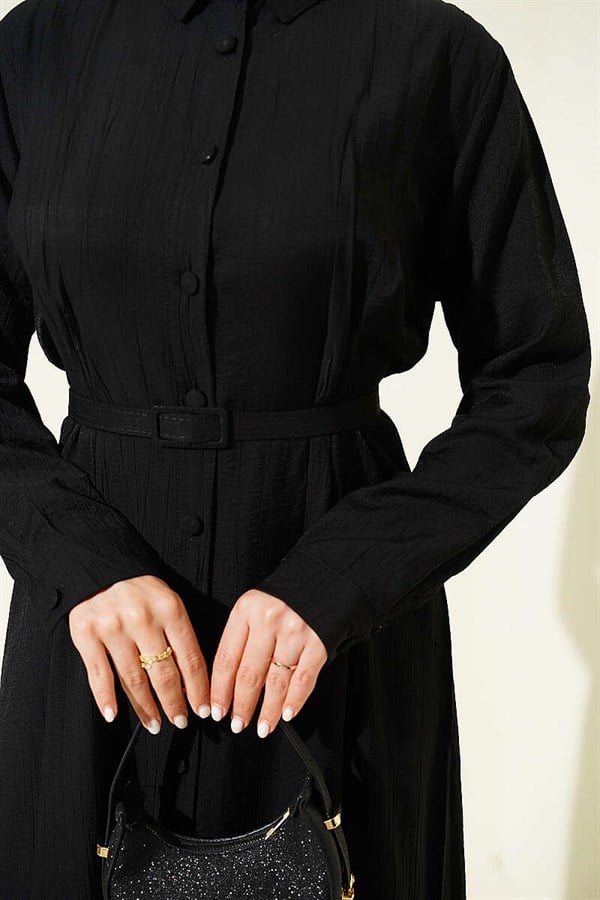 Full-Length Buttoned Dress with Darts and Belt, Black