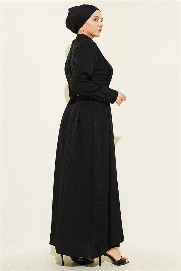 Full-Length Buttoned Dress with Darts and Belt, Black