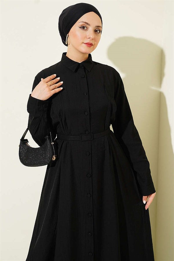 Full-Length Buttoned Dress with Darts and Belt, Black