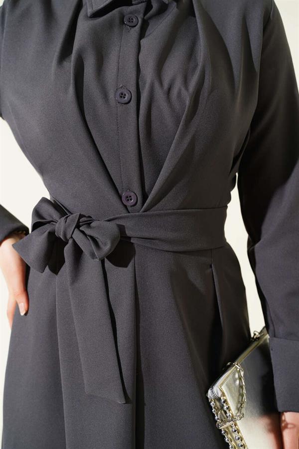Full-Length Buttoned Dress with Darts and Belt, Smoke Grey