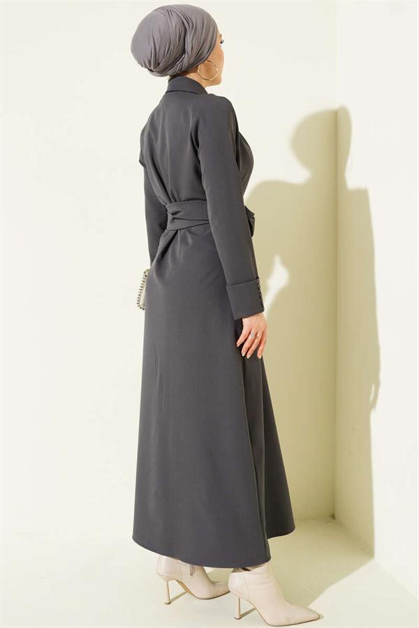Full-Length Buttoned Dress with Darts and Belt, Smoke Grey