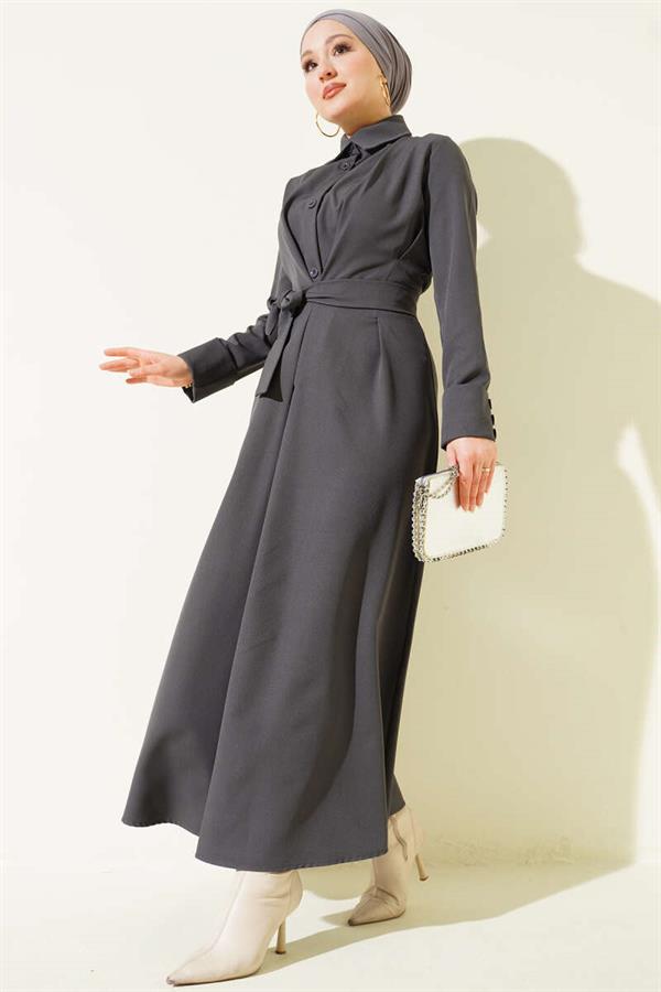Full-Length Buttoned Dress with Darts and Belt, Smoke Grey