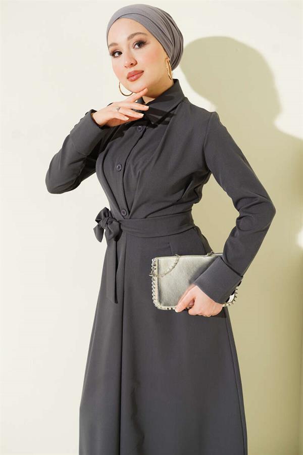 Full-Length Buttoned Dress with Darts and Belt, Smoke Grey