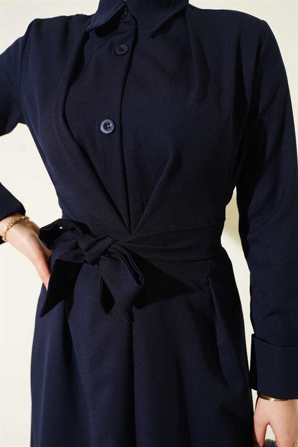 Full-length button-down dress with darts and belt, navy blue.