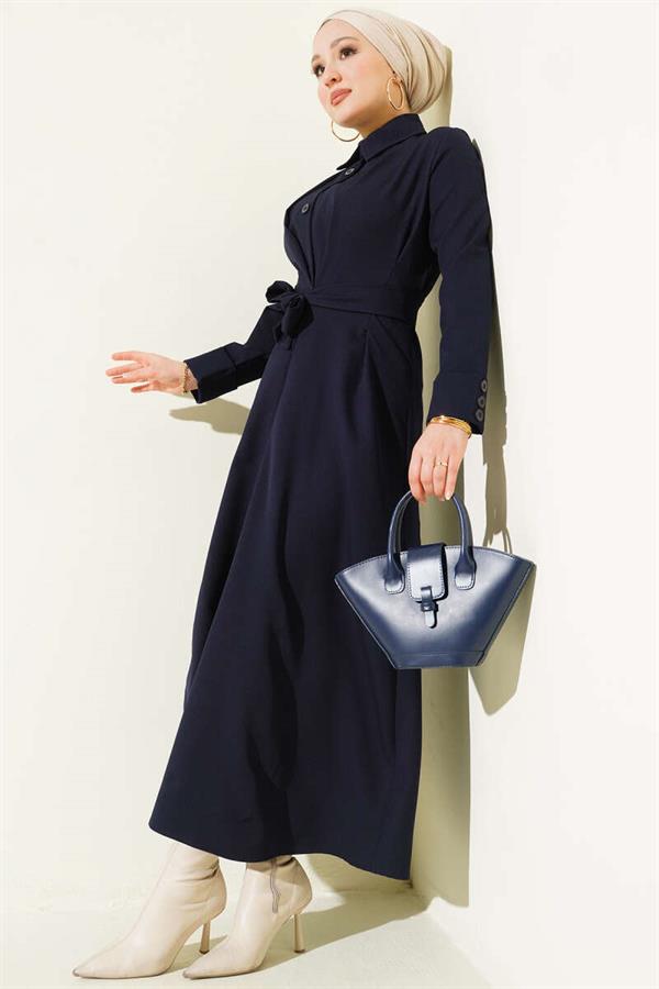 Full-length button-down dress with darts and belt, navy blue.