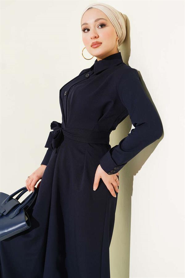 Full-length button-down dress with darts and belt, navy blue.