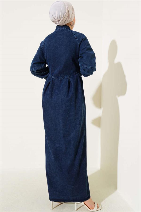 Buttoned Pleated Detailed Denim Dress Navy Blue