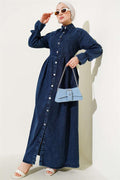 Buttoned Pleated Detailed Denim Dress Navy Blue