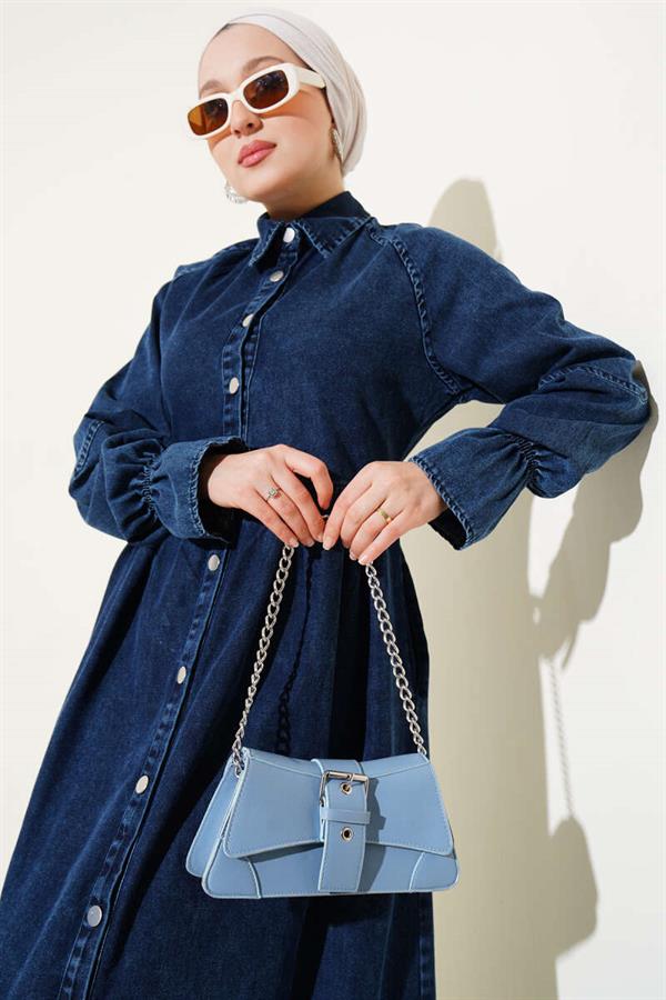 Buttoned Pleated Detailed Denim Dress Navy Blue