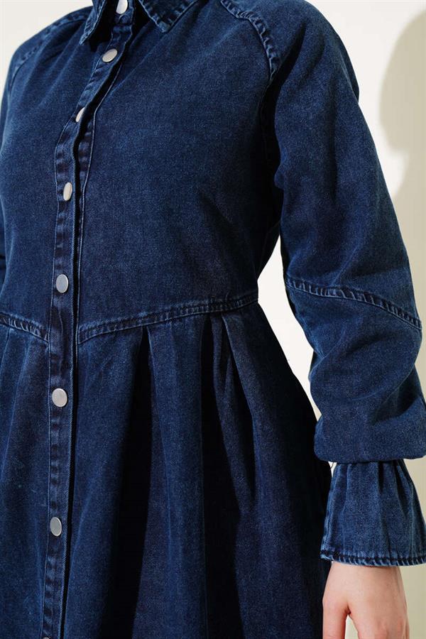Buttoned Pleated Detailed Denim Dress Navy Blue