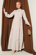 Full-Length Buttoned Dress with Pom-Poms, Beige