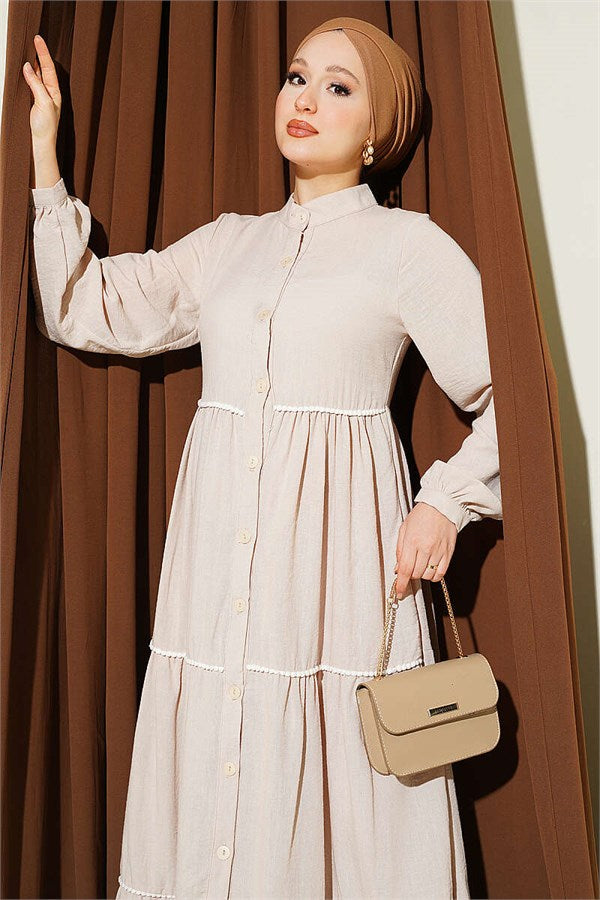 Full-Length Buttoned Dress with Pom-Poms, Beige