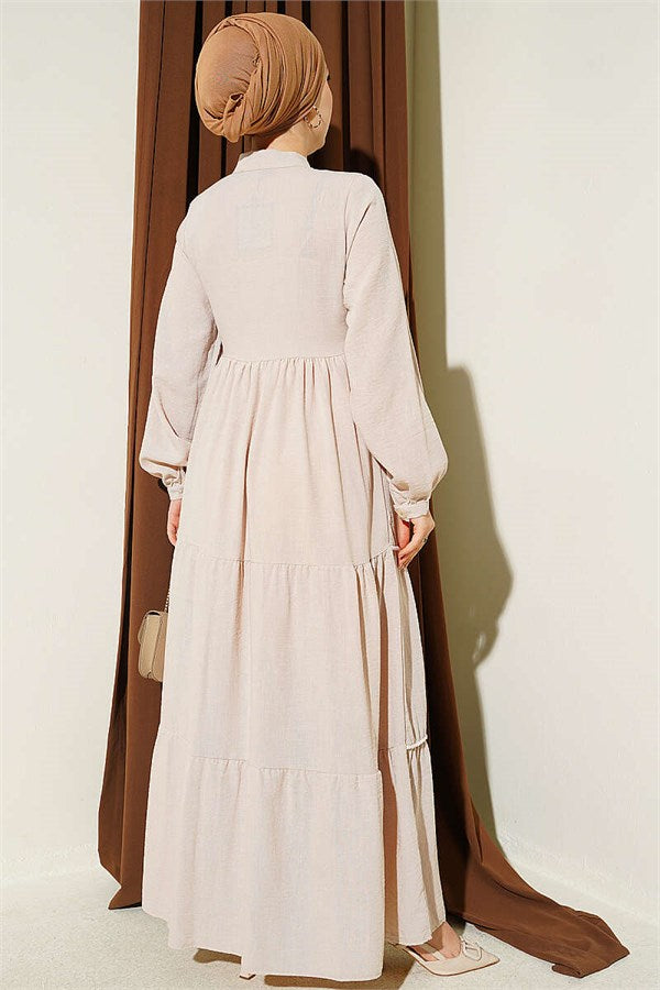 Full-Length Buttoned Dress with Pom-Poms, Beige