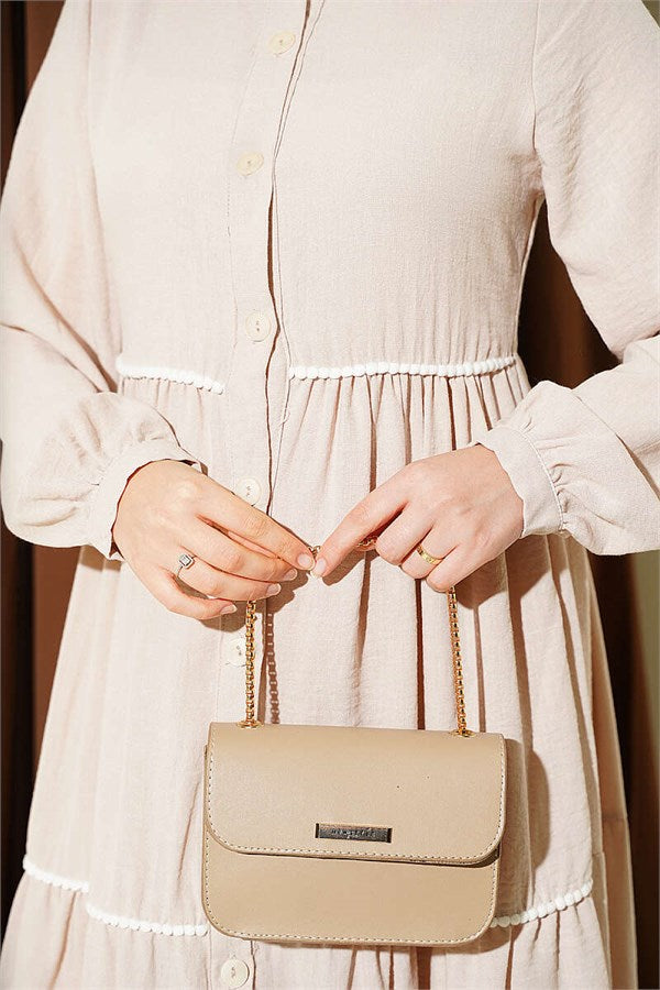 Full-Length Buttoned Dress with Pom-Poms, Beige