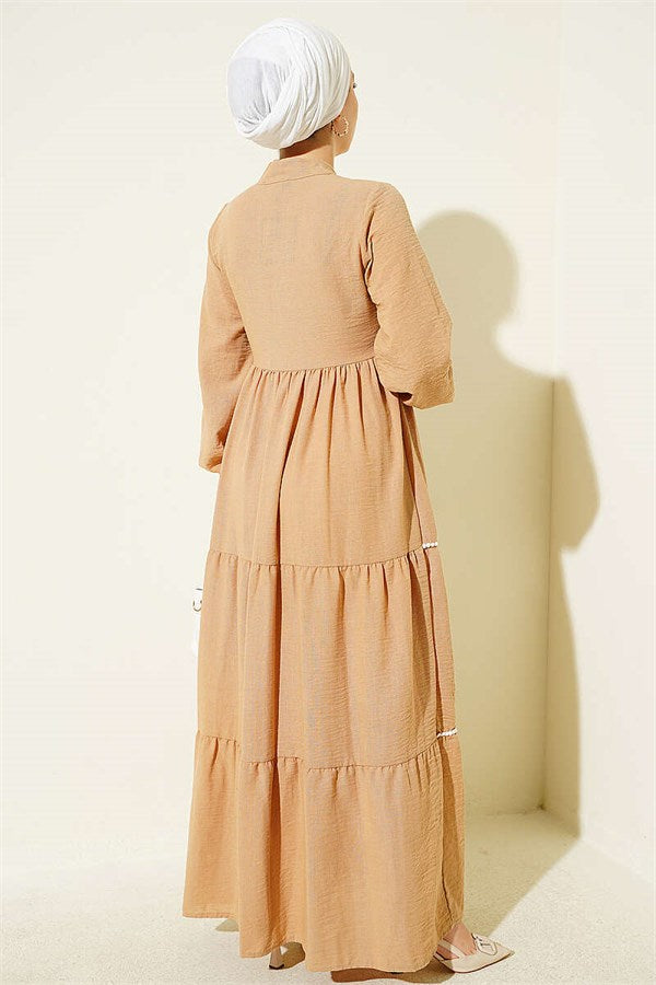 Full-Length Buttoned Dress with Pom-Poms, Camel