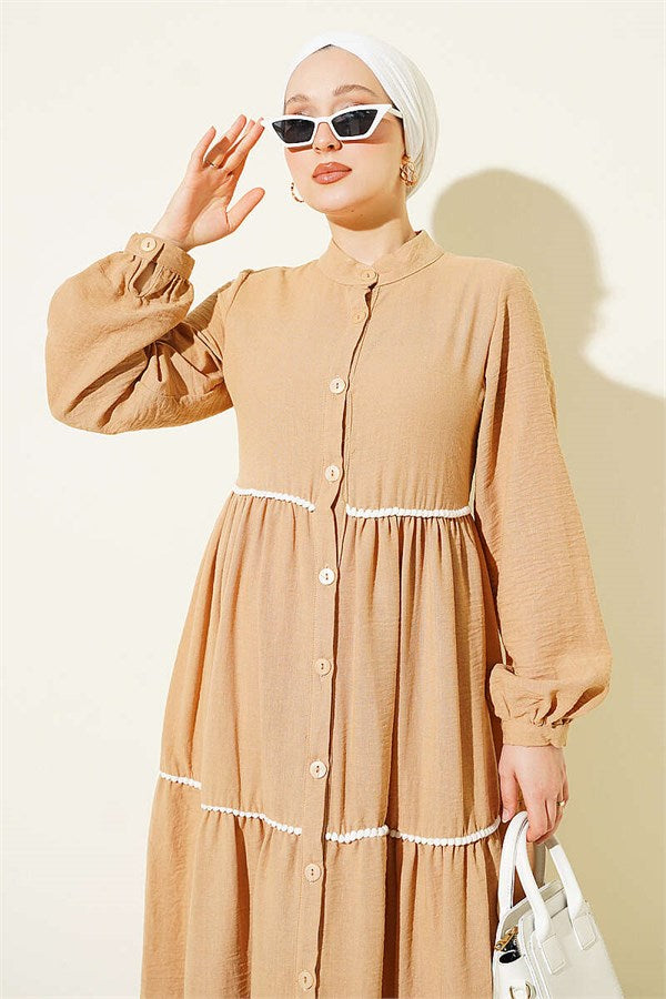 Full-Length Buttoned Dress with Pom-Poms, Camel