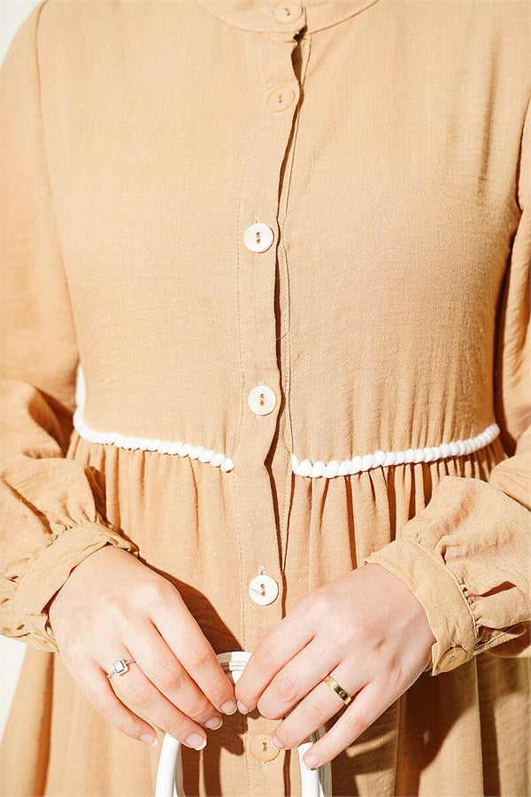 Full-Length Buttoned Dress with Pom-Poms, Camel