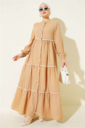Full-Length Buttoned Dress with Pom-Poms, Camel